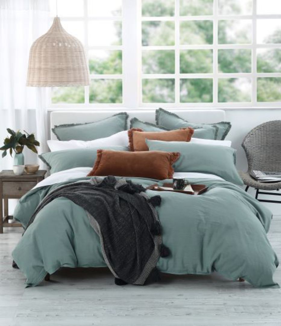MM Linen - Laundered Linen Duvet Set - Seagrass (Tassel Pillowcases, Lodge Pillowcases Sold Separately) image 0